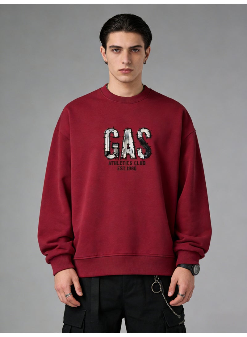 غاز GAS Burgundy "GAS ATHLETICS CLUB" Distressed Letter Oversized Crew Neck Sweatshirt | Unisex Pullover With "EST.1990" Print - Image 3